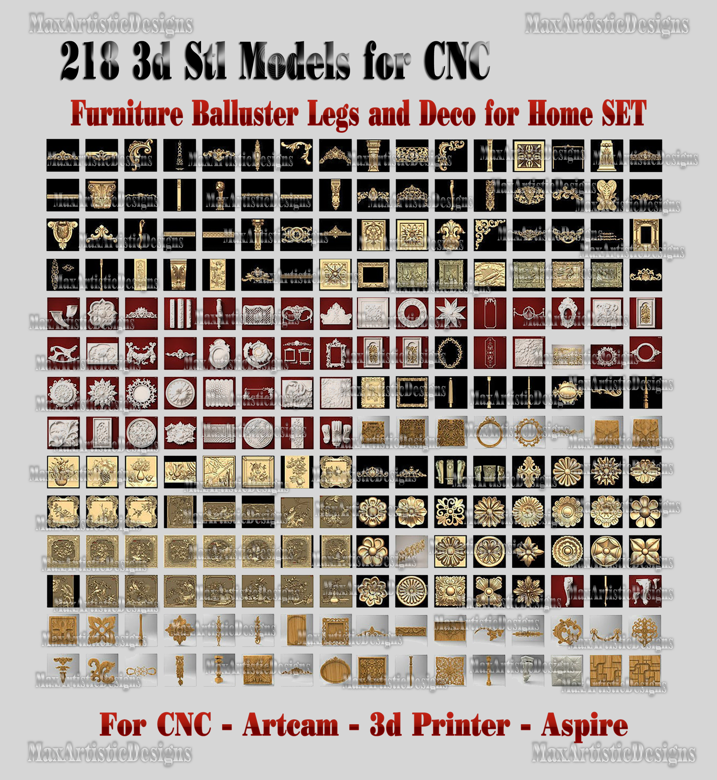 218 3D-STL-Modelle Möbelballusterbeine und Deko für Zuhause für CNC-Artcam-3D-Drucker aspire