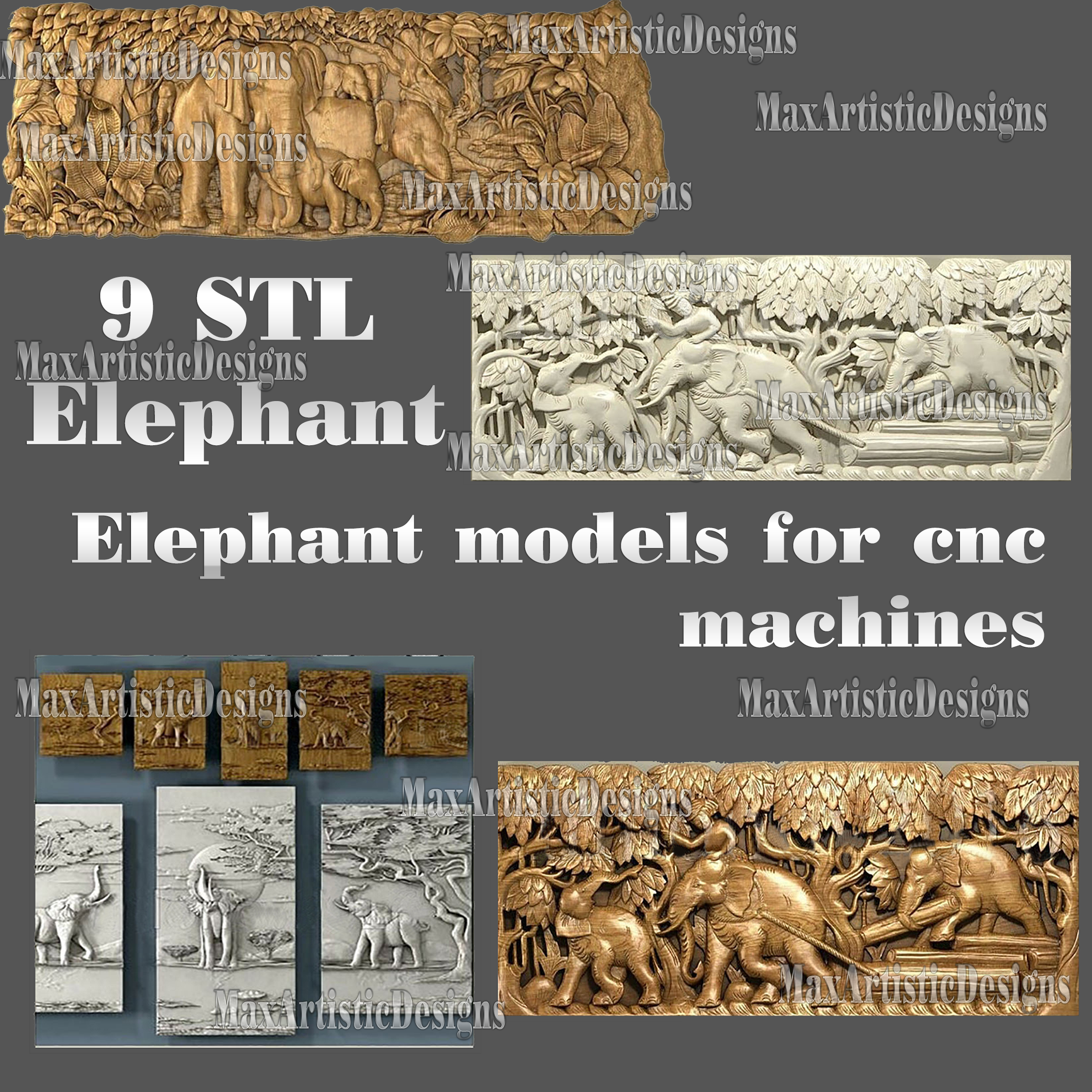 9 pcs modèles stl éléphants relief pack pour routeur cnc artcam aspire télécharger