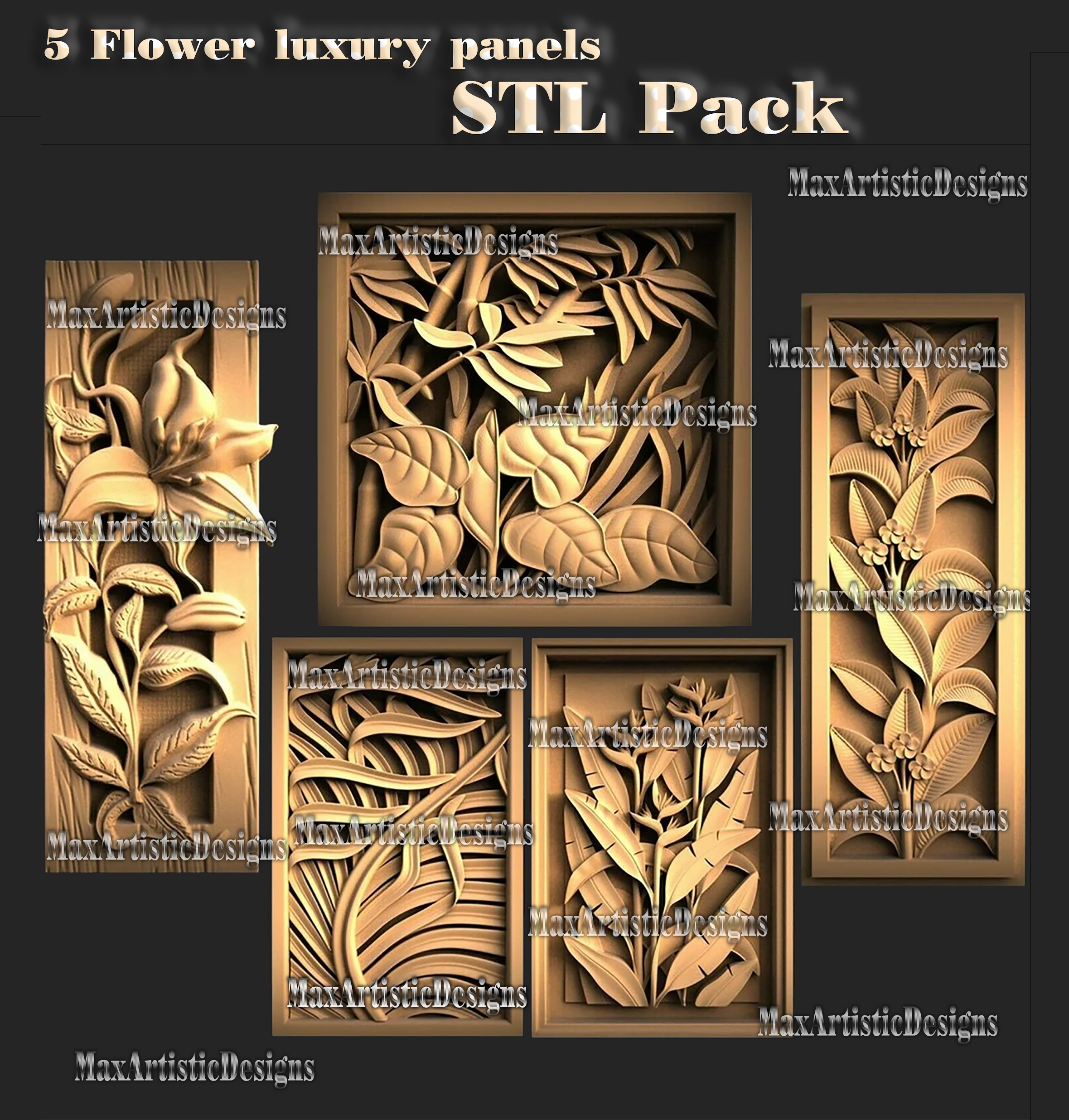 5 modelos de hojas de flores en marco, modelo 3d stl para enrutador cnc, impresora 3d, diseños de decoración de plantas, descarga digital
