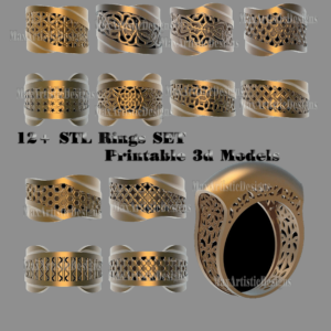 stl jewelry 12 pieces 3d print file jewelry gold silver finger "rings" design set for cnc printers