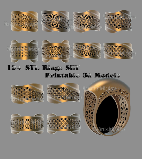 stl jewelry 12 pieces 3d print file jewelry gold silver finger "rings" design set for cnc printers