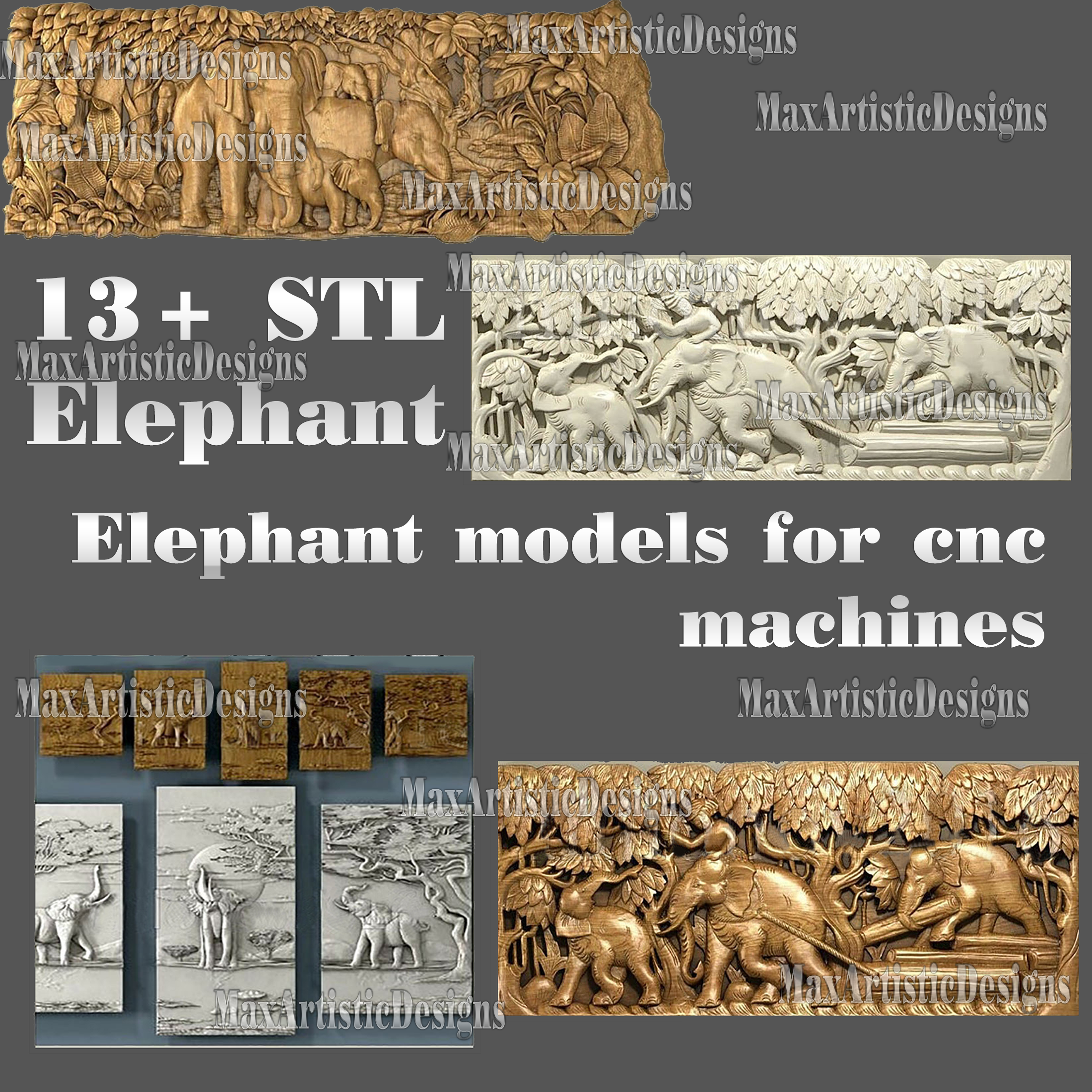 8+ éléphants relief 3d stl modèles bundle pour artcam aspire cnc routeur téléchargement numérique