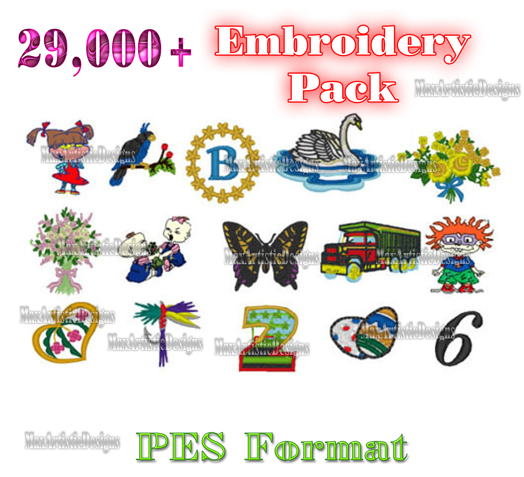 29000+ embroidery files of animals, fonts, holidays, rugrat design patterns in XXX .SEW . BMP .PES file formats