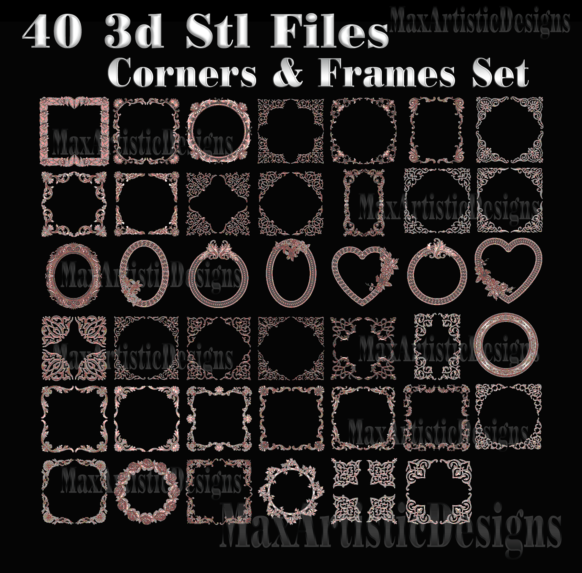 40 piezas 3d stl esquinas/marcos modelos establecidos para descarga de impresora cnc artcam relief