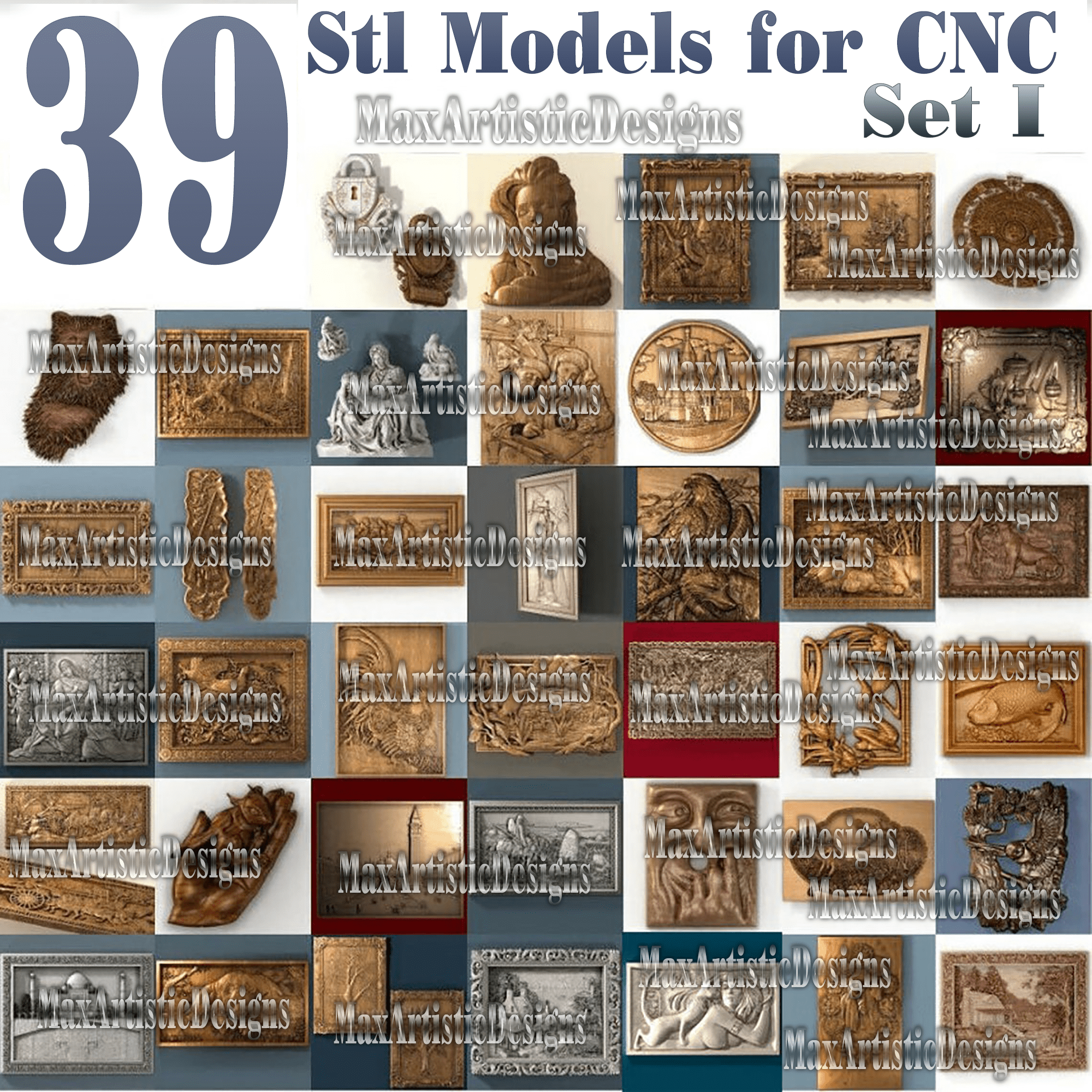 Modelos 3d stl 39 piezas trabajo de metal en bajorrelieve para enrutador cnc artcam aspire set