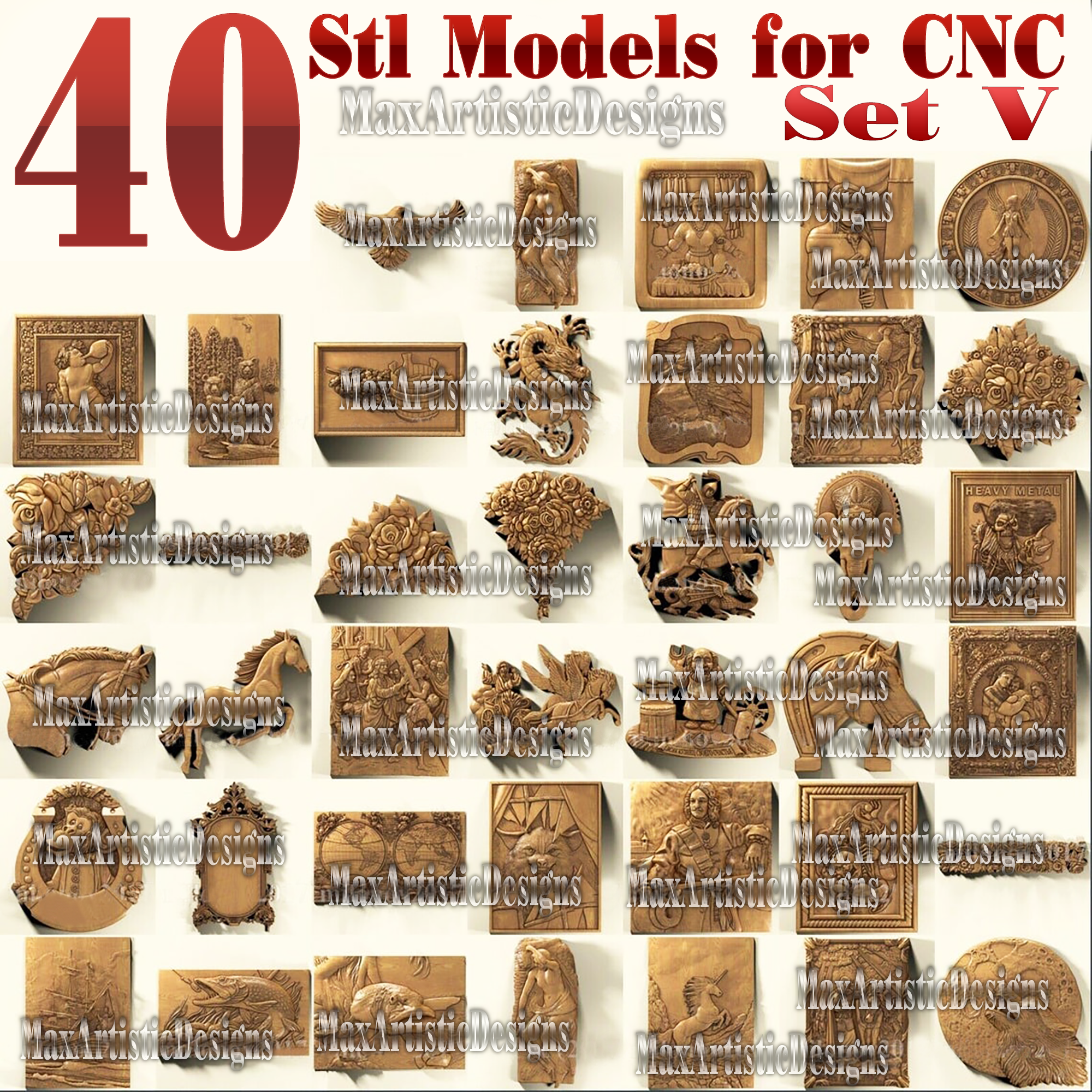 41 pezzi 3d stl modelli bassorilievo in metallo per router di cnc artcam aspire set v download