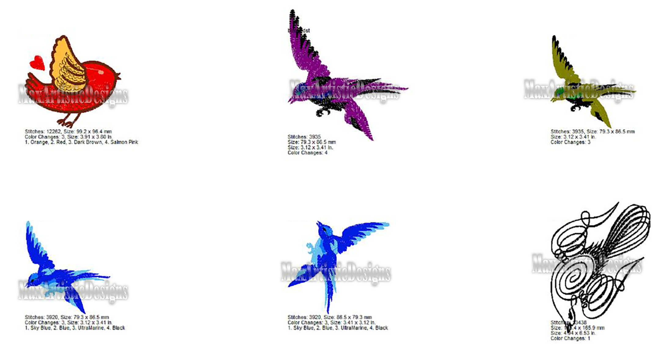 Plus de 40 motifs de conception de broderie d'oiseaux prêts à l'art dans les formats pes/hus