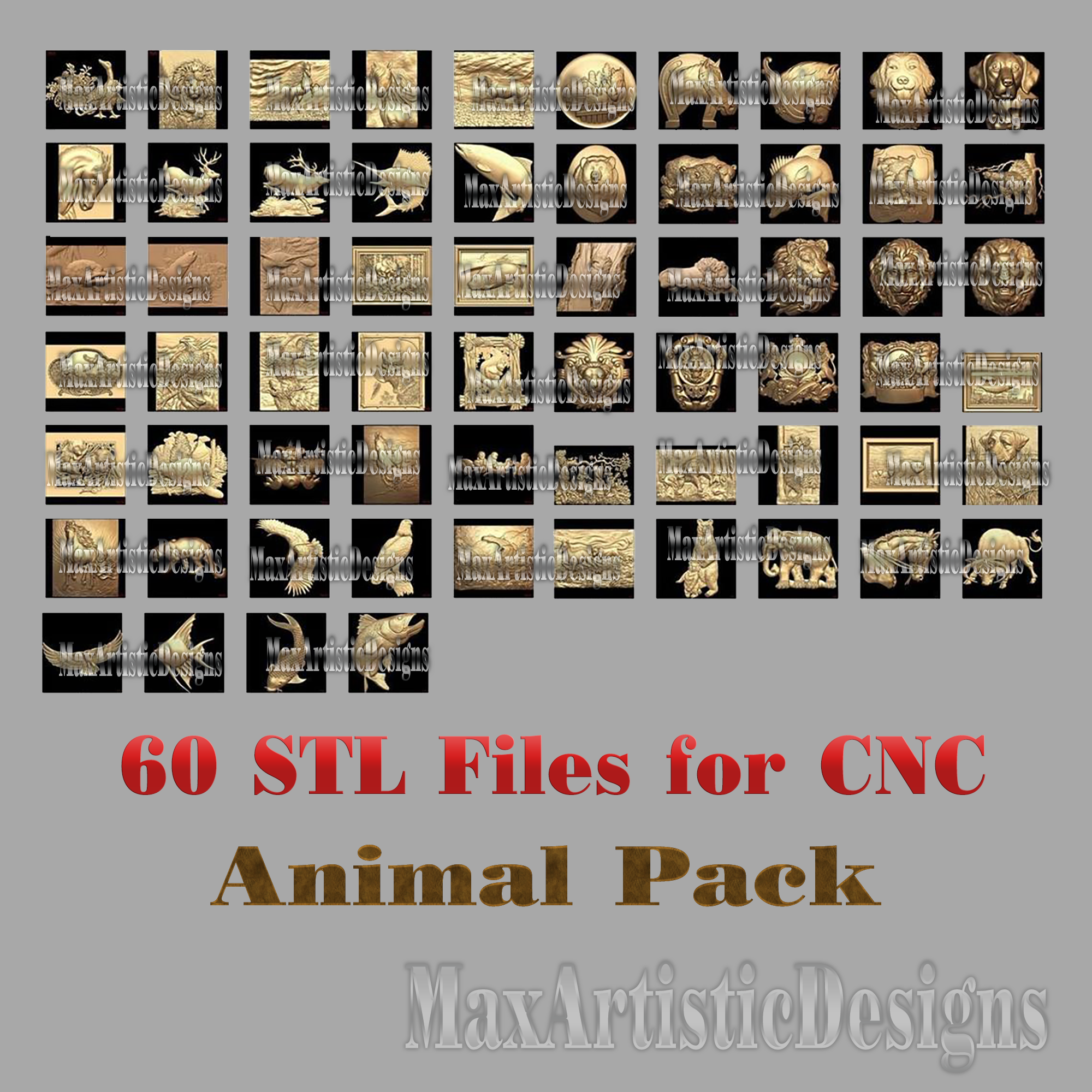 Más de 60 modelos 3d stl: "colección de animales" para cnc relief artcam 3d printer aspire