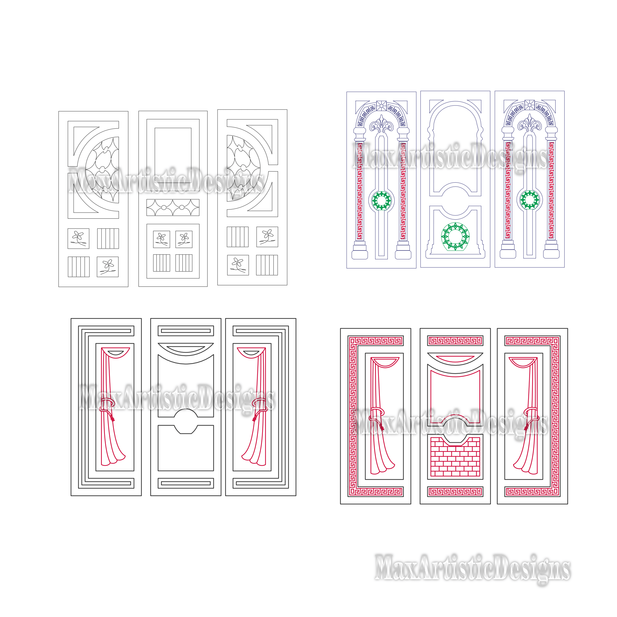 45+ “3 doors set” for wood cut cnc panels set dxf cdr cnc vectors for laser cutting machine digital download