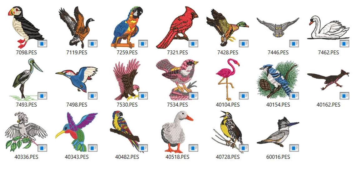 Más de 100 patrones de diseño de bordado de pájaros en formatos de archivo pes-hus