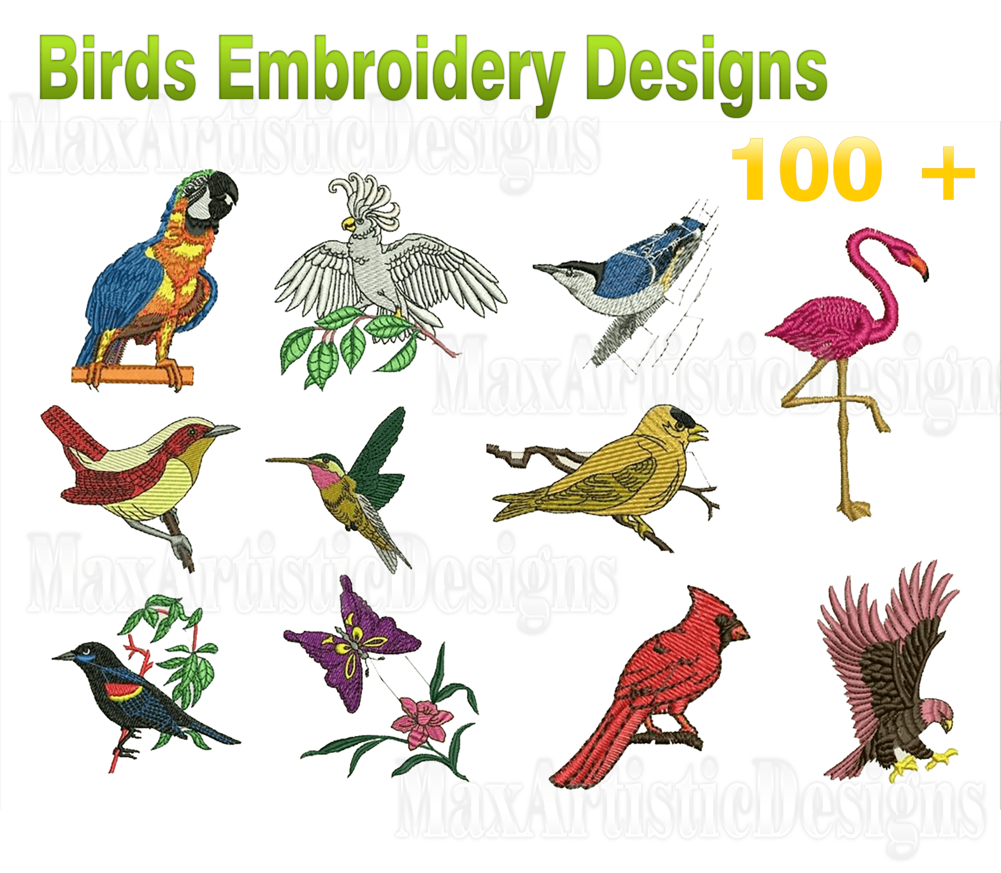 Oltre 100 modelli di ricamo di uccelli nei formati di file pes-hus