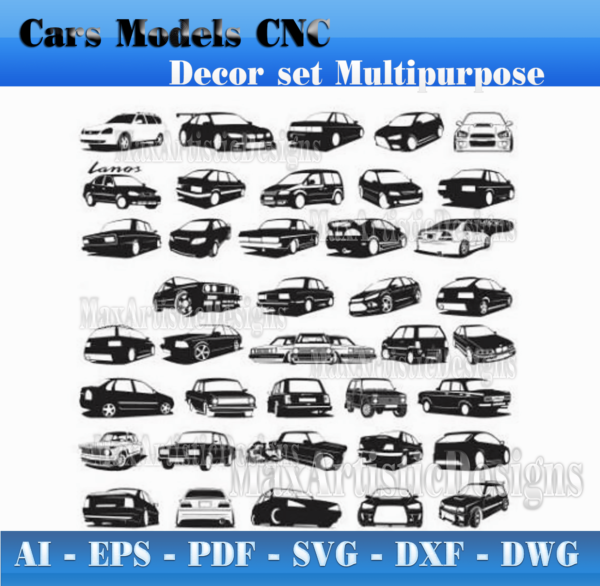 39 car models cdr dxf file vectors for cnc laser cut, plasma router, laser, waterjet