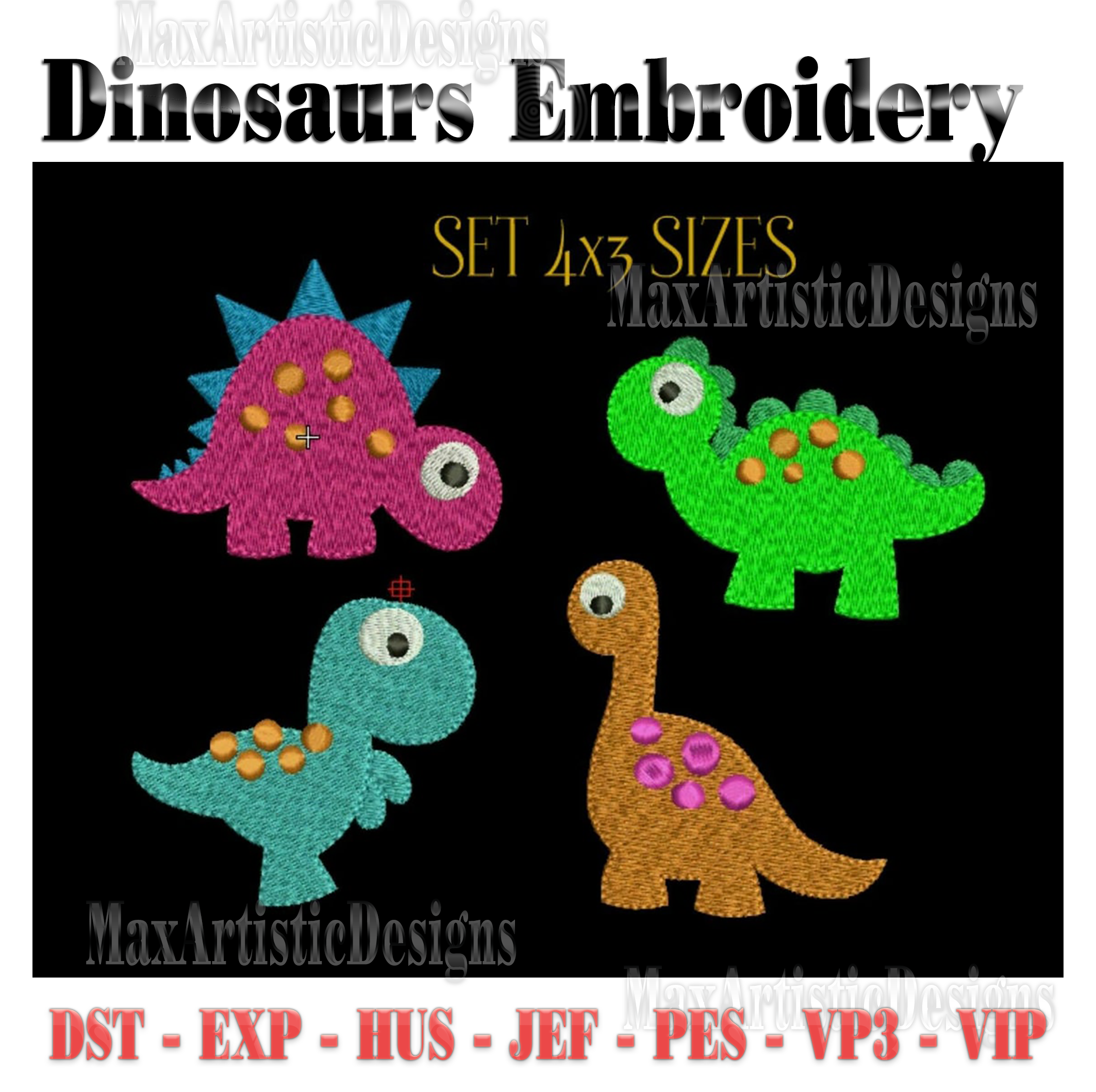diseños de bordados de dinosaurios animales prehistóricos en formatos hus dst vip pes vp3 jef