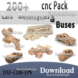 Über 230 lasergeschnittene Autos, Motorräder, Busse und Fahrzeuge CNC-Vektorpaket in DXF-CDR-CNC-3D-Dateien für Stromabnehmer-CNC-Router