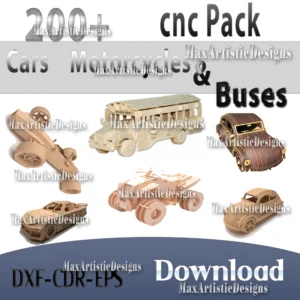 Paquete de vectores cnc de más de 190 automóviles, motocicletas, autobuses y vehículos en archivos dxf cdr cnc 3d para enrutador cnc, descarga digital de enrutador de plasma