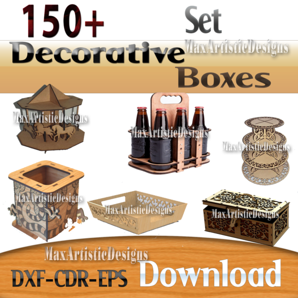 150+ scatole decorative vettori tagliati al laser pack dxf cdr cnc file 3d pantografo router cnc