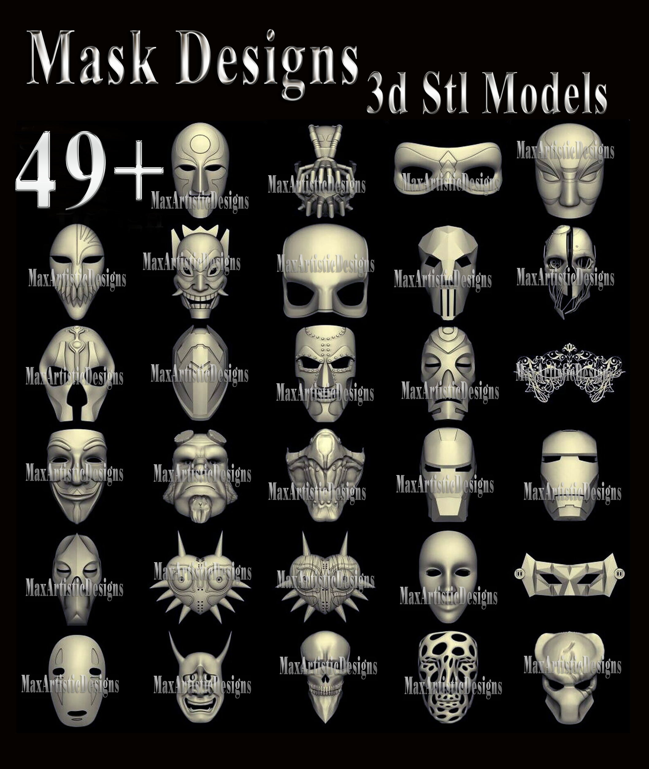 Über 49 3D-STL-Maskenmodelle STL-Relief für CNC-Fräser im STL-Format Artcam Aspire Masks