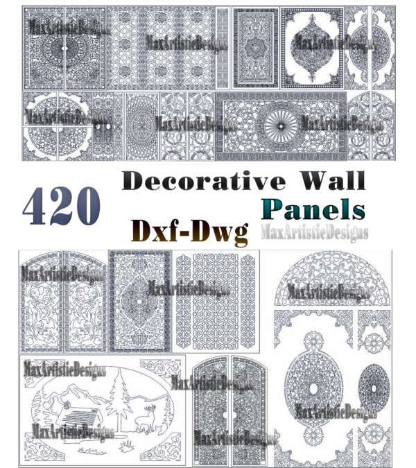 420 Diseños de vectores de paneles cnc decorativos Dxf Dwg cdr archivos para corte por láser, enrutador de plasma o enrutador cnc, chorro de agua