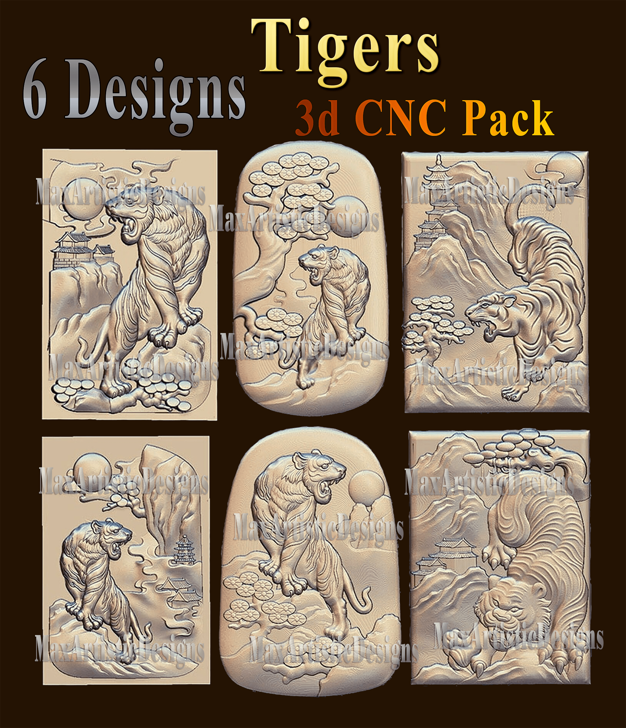 4+ modèles de tigre stl 3d bas-relief stl pour routeur cnc, imprimante 3d, artcam, téléchargement numérique aspire