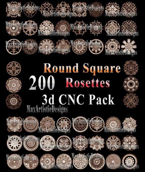 200 3D STL Runde quadratische Rosetten für CNC 34 AXLE Engraver Carving Modelle