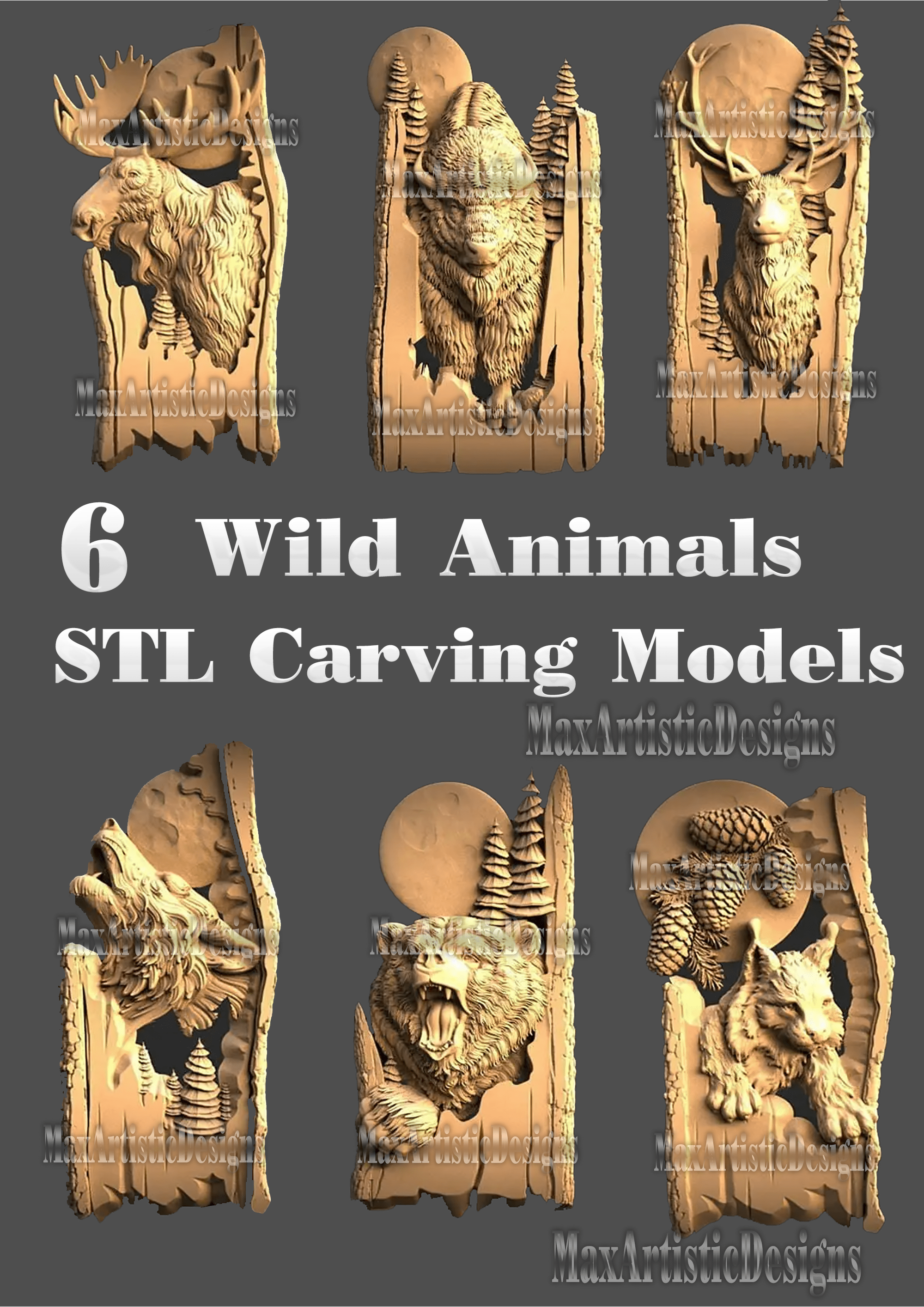 6pcs Forest animals 3d STL Model for CNC Router 3D Printer Wolf-Bear-Bison-Deer 3d model relief STL format Artcam Aspire