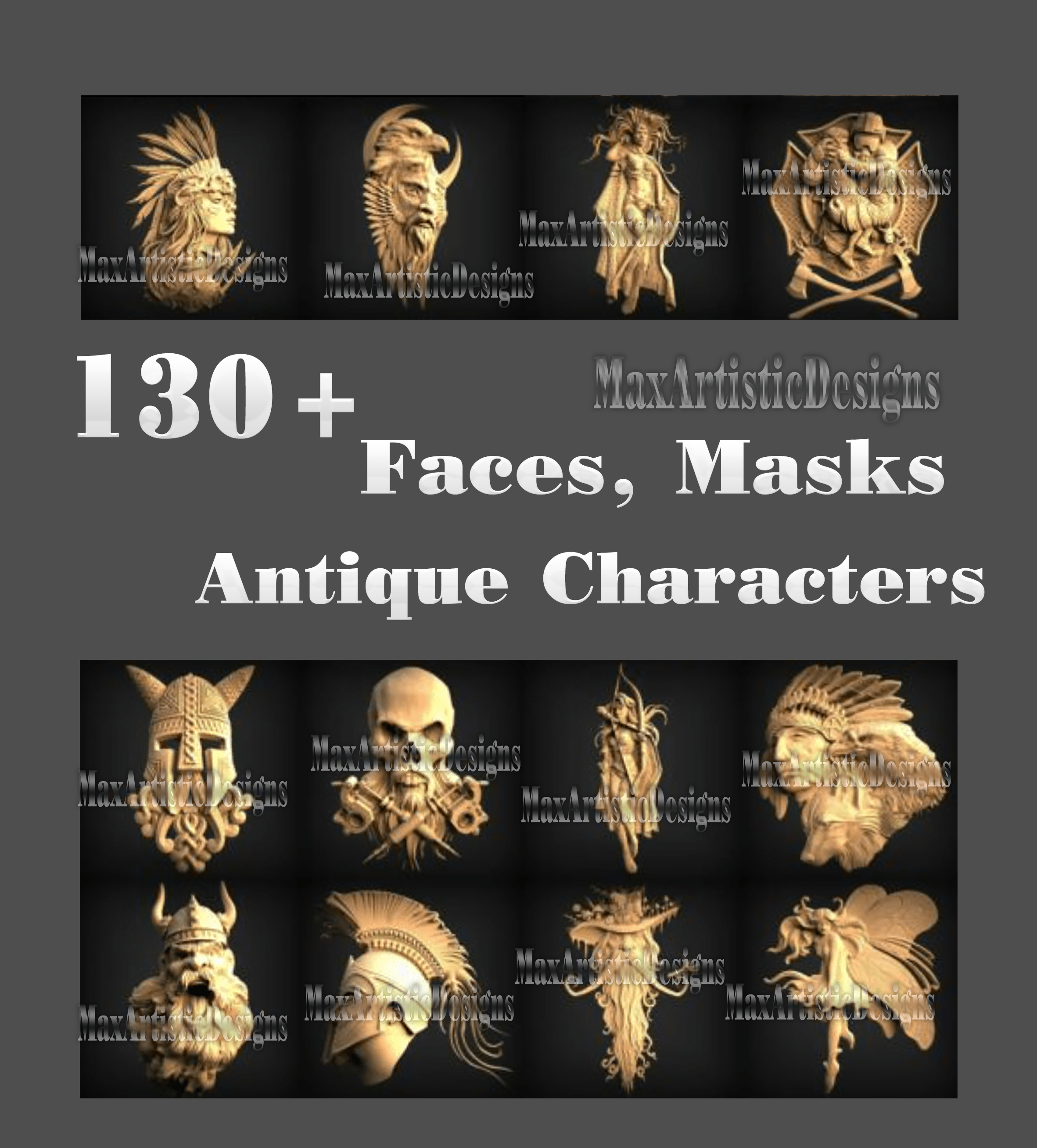 140 3d stl models Faces, masks, antique characters relief engraving carving files for cnc machines 3d printers