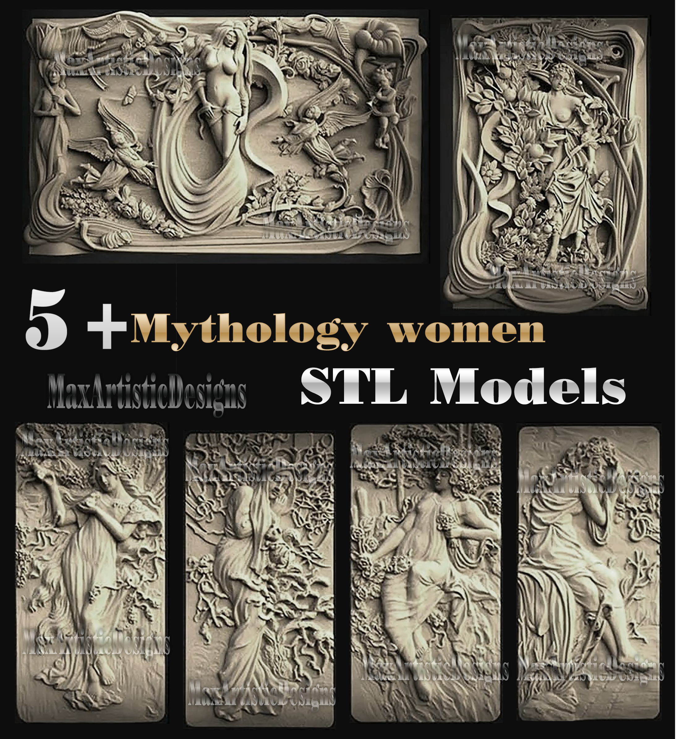 6 unidades 3d STL modelo mujeres mitología para enrutador CNC impresora 3D Artcam Aspire Bas Relief_Wall Decor Relief