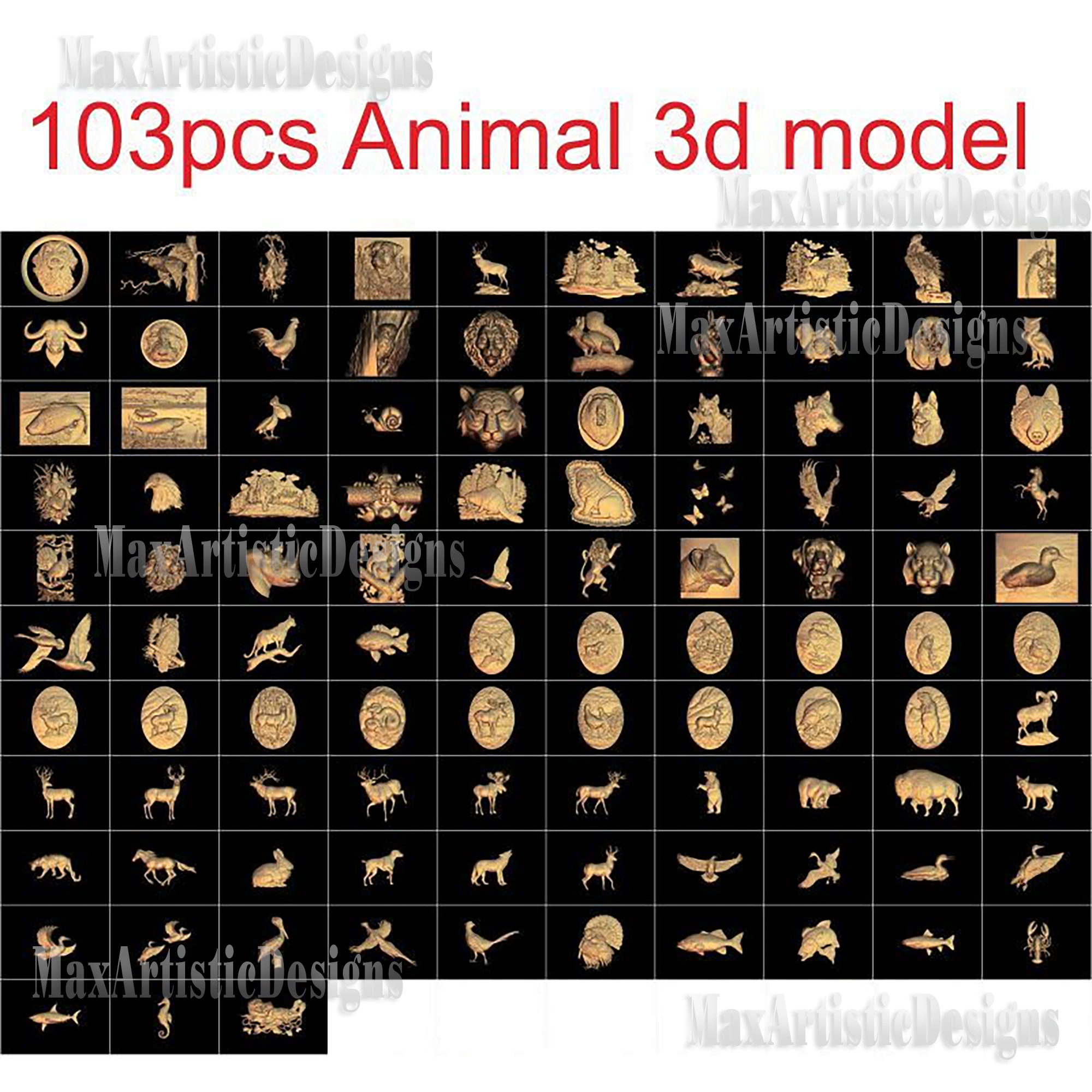 Más de 103 piezas de modelos de animales 3d stl para tallado en relieve en máquinas cnc artcam, descarga digital vectric