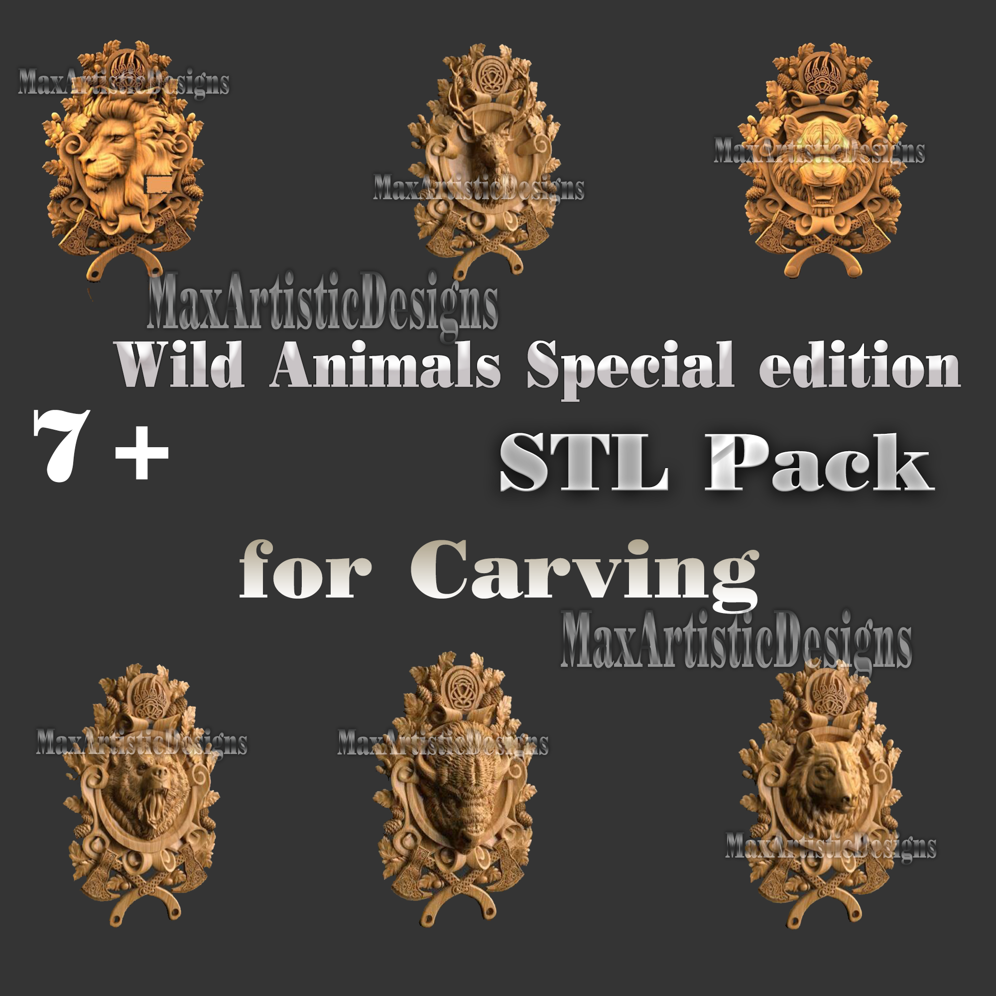 confezione da 8 modelli 3d stl di animali selvatici per incisione cnc, artcam, aspire e download digitale cut3d
