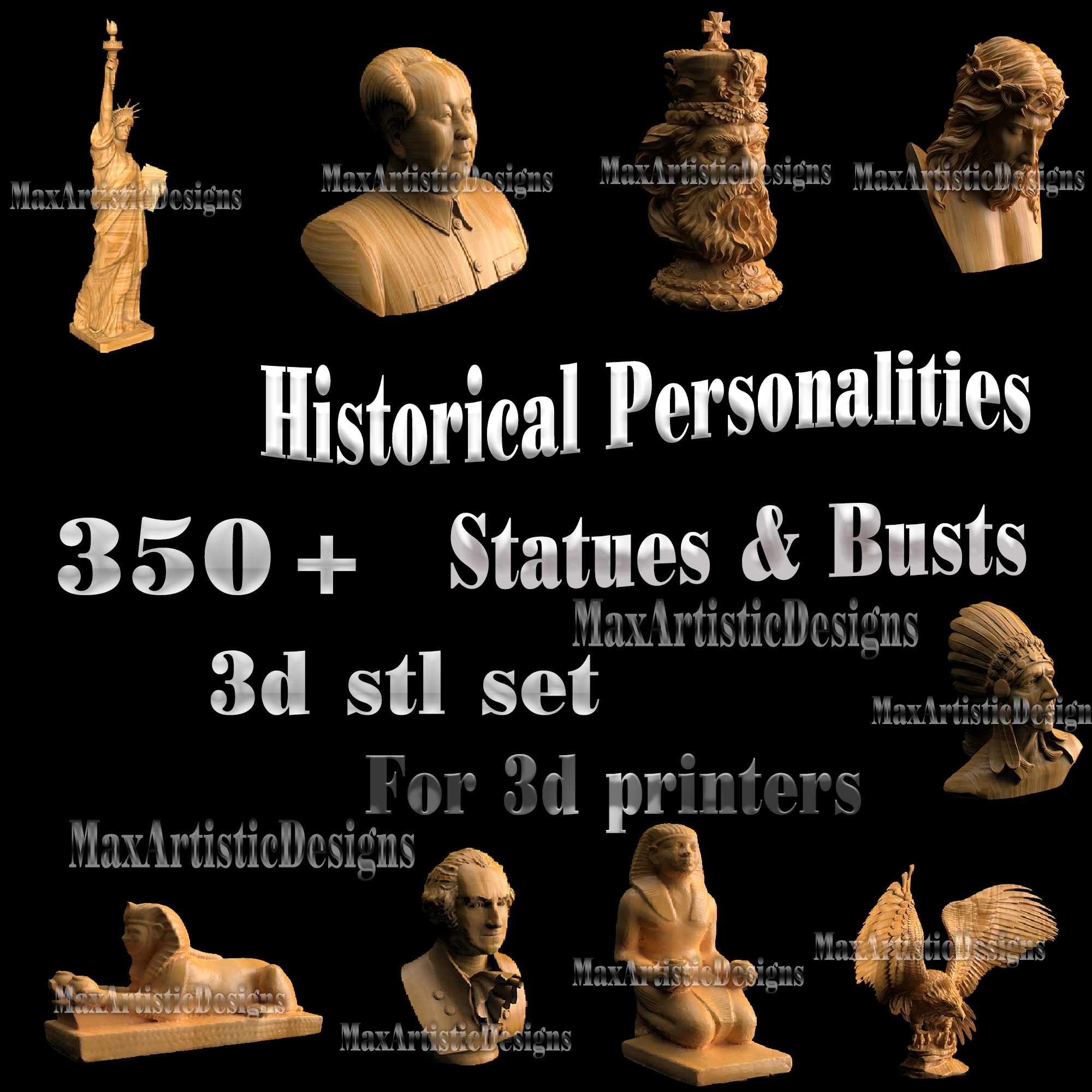 Set di oltre 400 pezzi di file stl per un incisore cnc, inclusi busti e personaggi storici dal download digitale americano