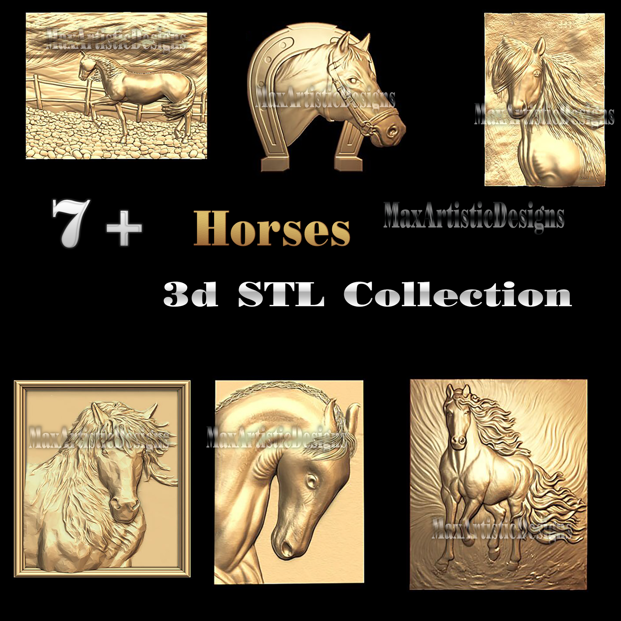 8+ modèles de chevaux stl bas-relief en bois fichier 3d stl pour routeurs cnc imprimante 3d artcam aspire téléchargement numérique
