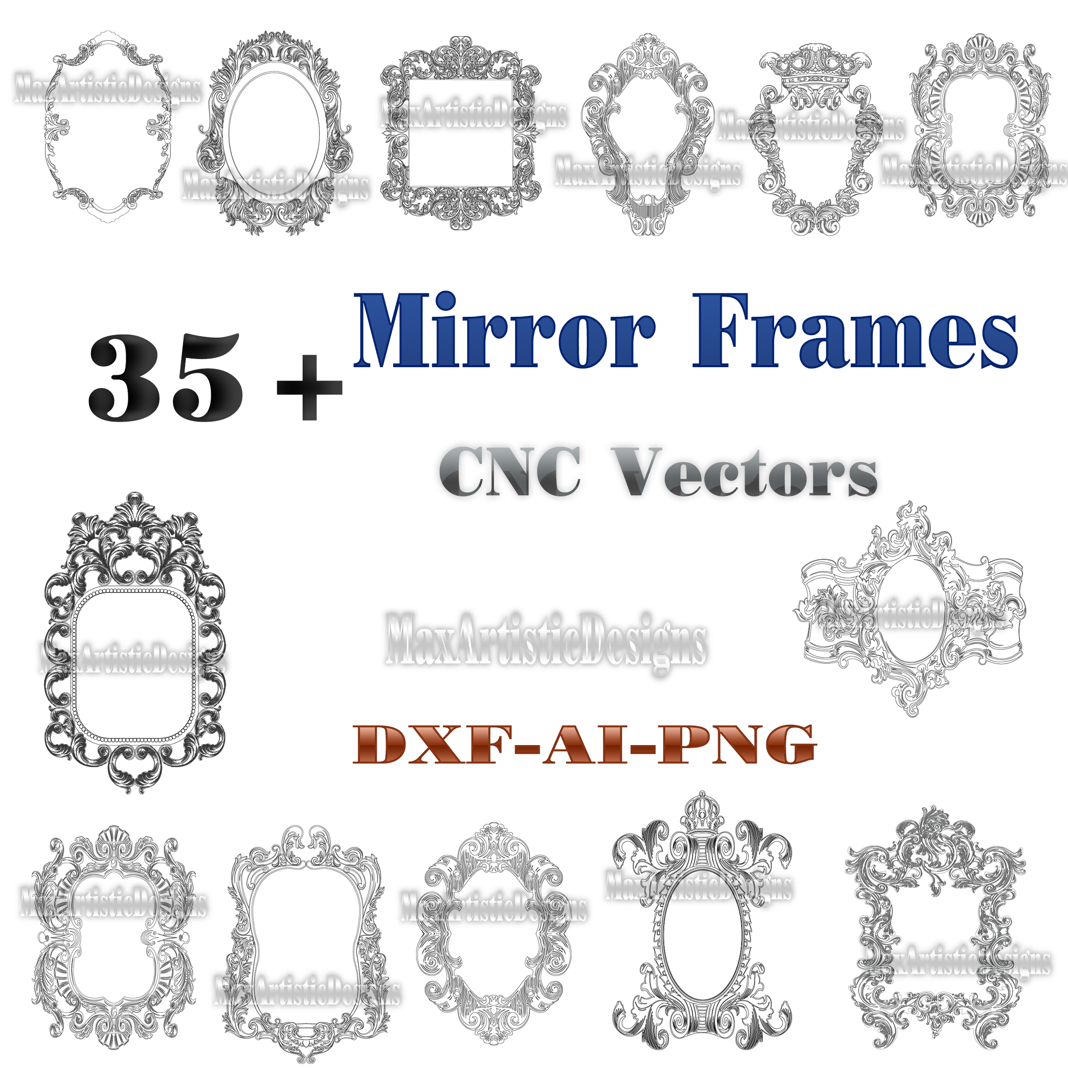 Más de 20 marcos de espejo de madera cnc para paredes, vector de corte láser en formato dxf para enrutador de plasma, descarga digital de corte láser