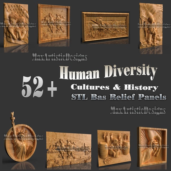 54 panneaux de diversité humaine stl 3d civilisations/historiques pour la gravure de bas-relief de routeur cnc